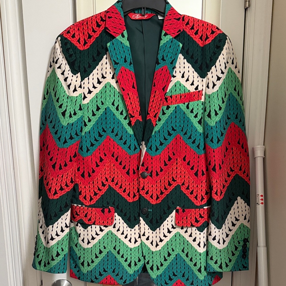 Chevron Patterned Men's Jacket in Red, Green, and Cream
